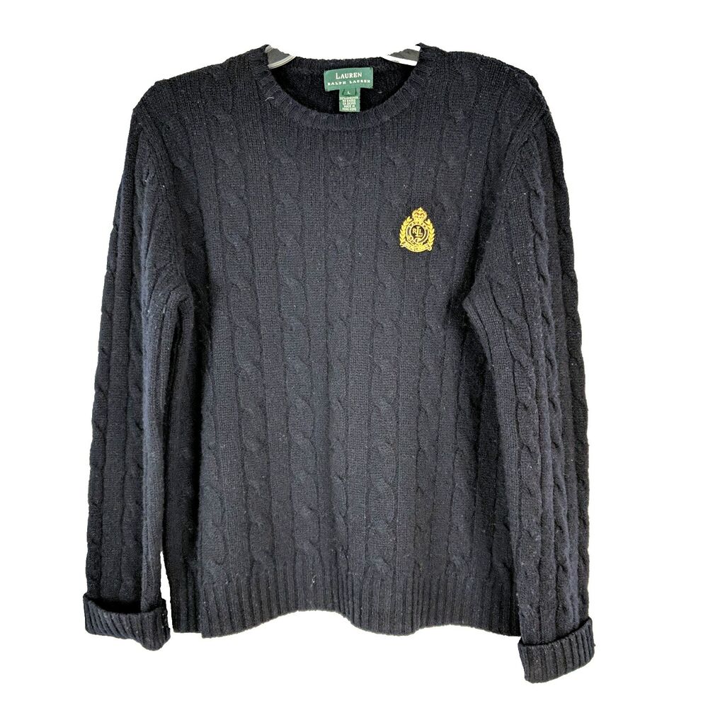 Ralph Lauren Navy Blue Cable Knit Sweater Women Size Large 12 14 Crest Lambswool